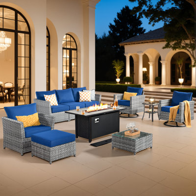 Ensemble de mobilier de patio pour 7 personnes avec assemblage à bascule pivotant, ensemble de conversation modulaire en osier d'extérieur avec coussins, ensemble de conversation pour canapé toutes saisons avec foyer d'extérieur