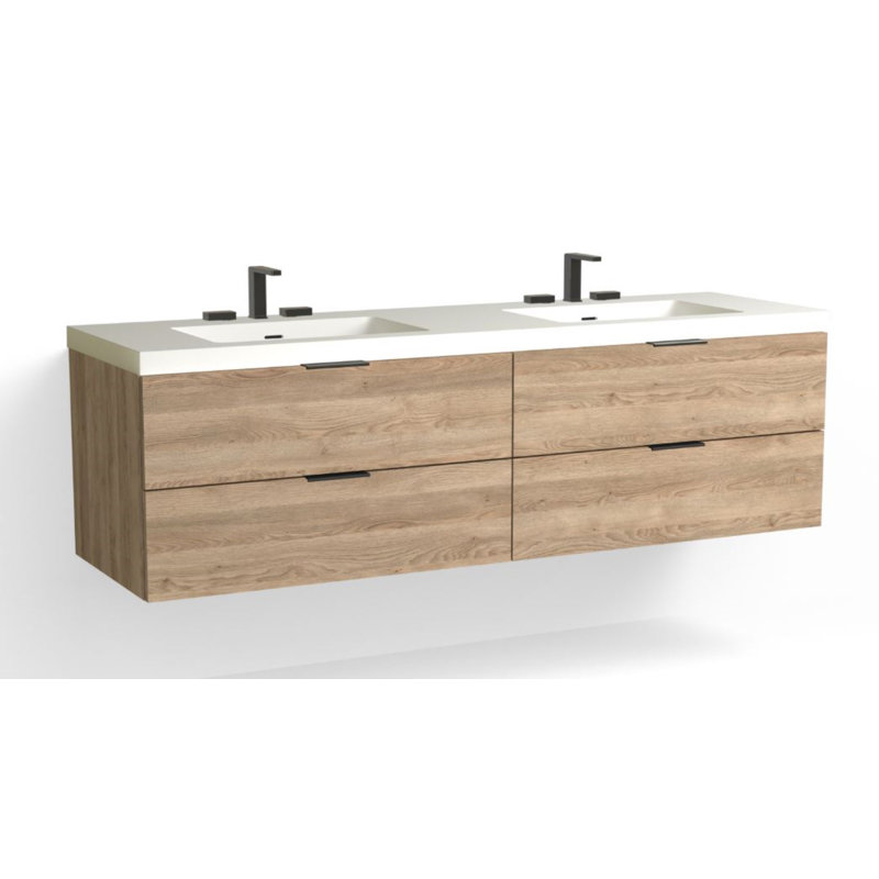 Avila 72" W Wall Mounted Double Bathroom Vanity, Matte White/8" Widespread, White Acrylic, Matte Black