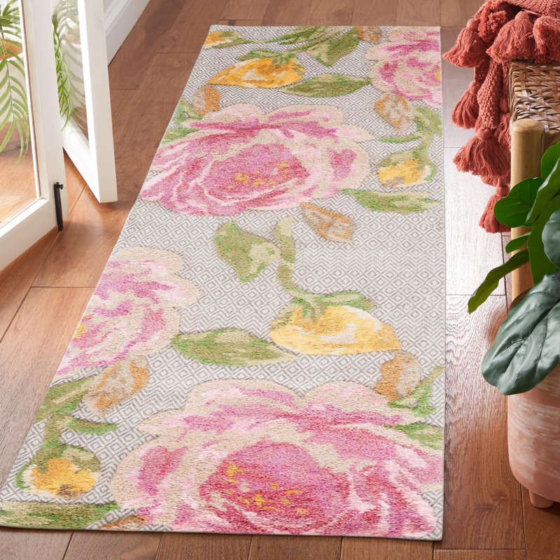Albertice Floral Hand Tufted Wool/Cotton Area Rug in White/Pink, Runner 2'3" x 8'