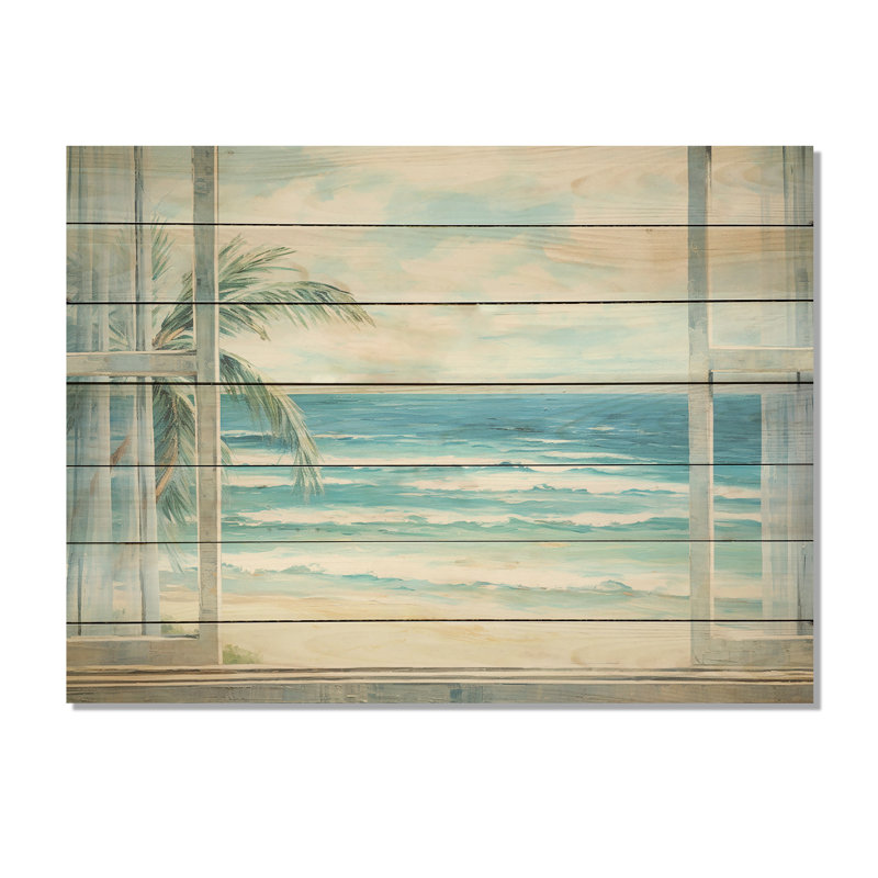 Tranquility Beachside Windows Horizon III - Coastal Windows On Wood Print, 34" H x 44" W x 0.78" D