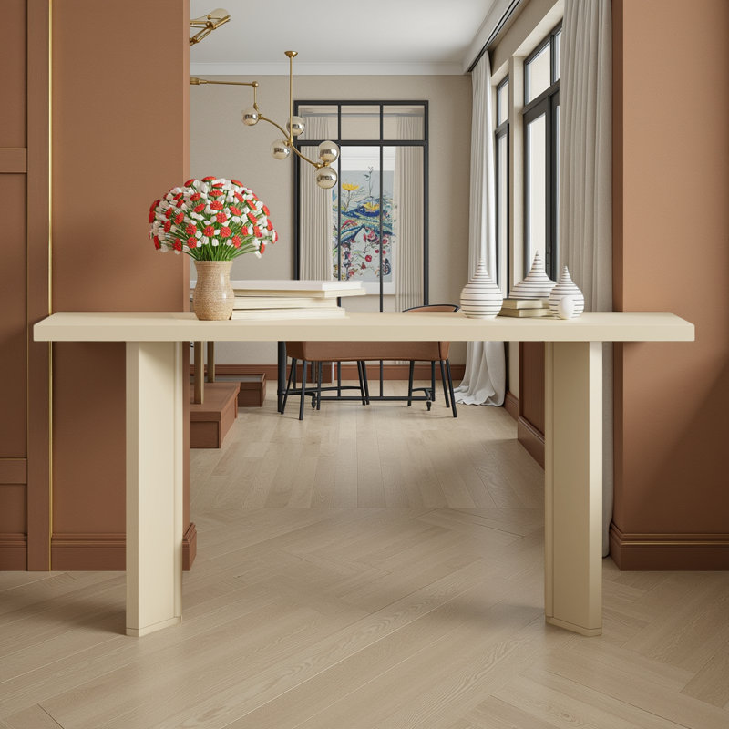 Console en placage de pin avec base géométrique, cadre en panneau de fibres à densité moyenne pour le hall d'entrée ou le salon