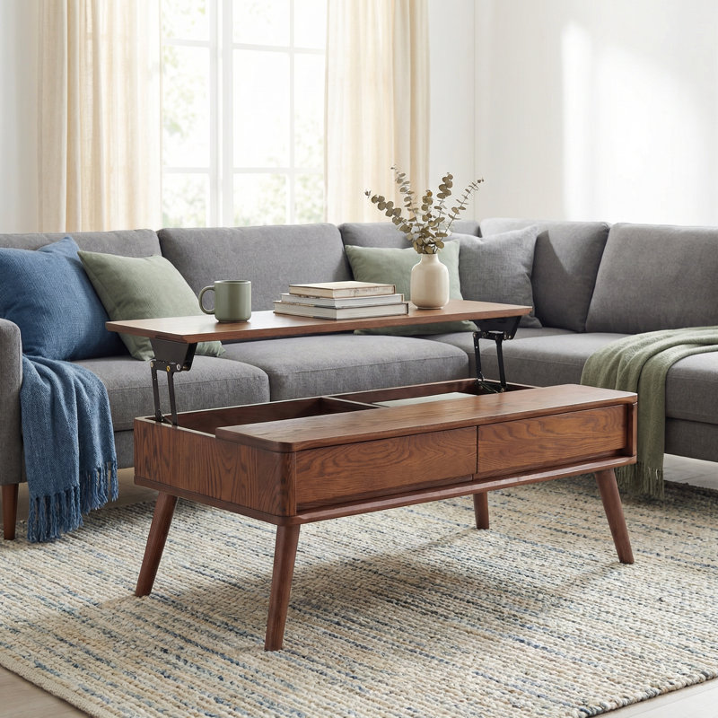 Table basse à plateau relevable en chêne massif 39 po avec rangement MCM, L 39,4 po x l 21,65 po, Chêne brun