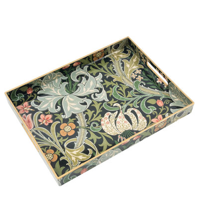 Large Tray with Handles, Coffee Table Tray, Trays for Living Room Kitchen Bathroom Display, (Ink Green Flower)