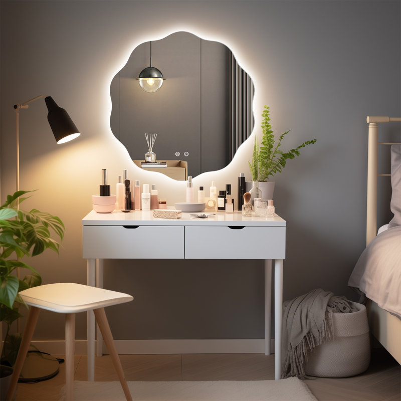 Wavy Lighted LED Mirror Anti Fog Wall Mirror, 24" x 24"