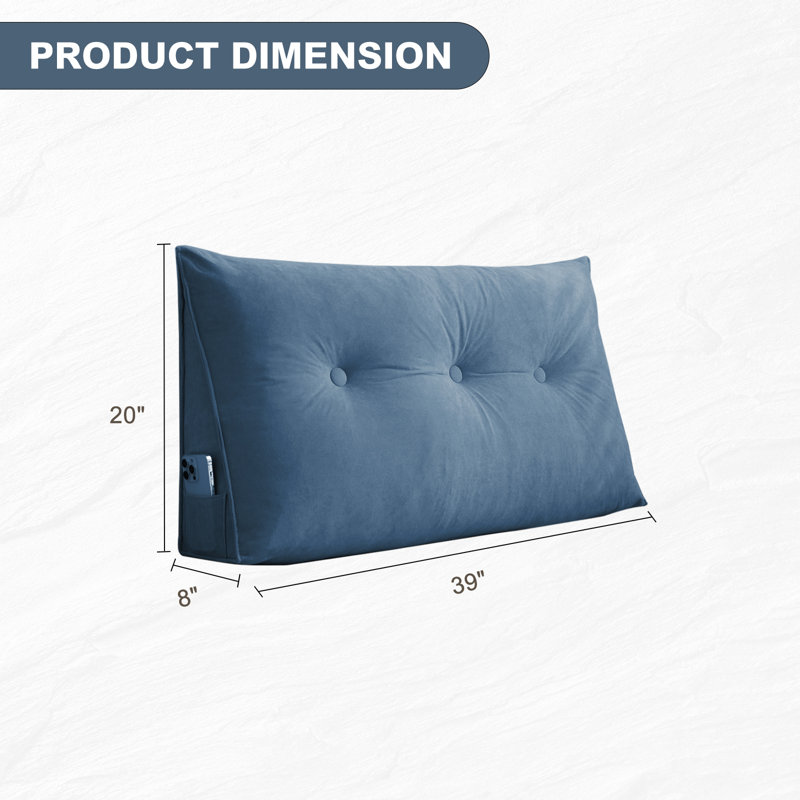 Oversized Chenille Bed Reading Pillow With Triangular Support & Side Pockets, Blue, Rectangle 20"H x 39"W