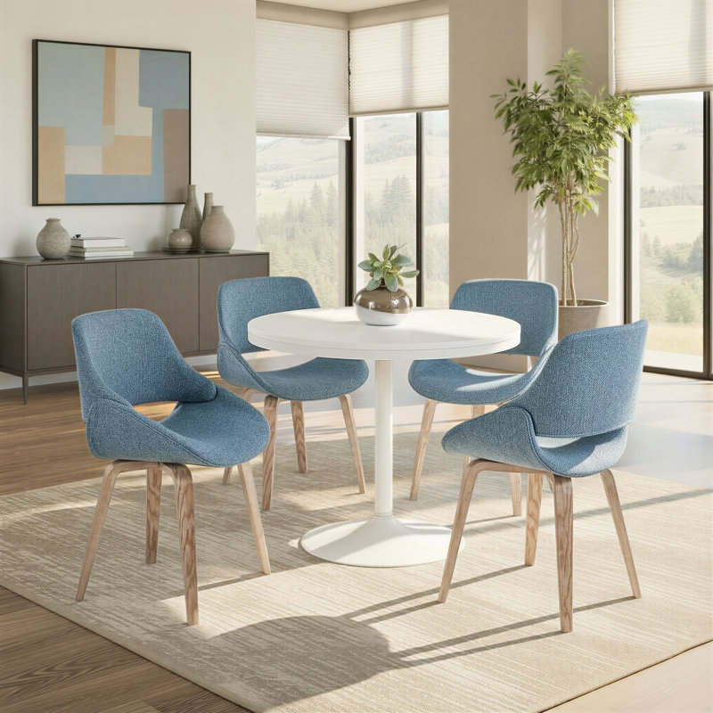 Najrin Upholstered Side Chair with Bent Wood Legs, White Washed Bent Wood, Blue Fabric