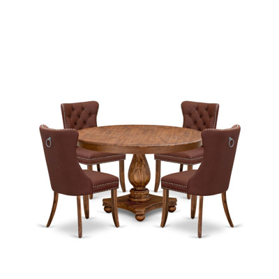 5-Pc Kitchen Table Set Consist a Modern Kitchen Table and 4 Burgundy Polyester fabric Chairs with Button-Tufted Back, Antique Walnut
