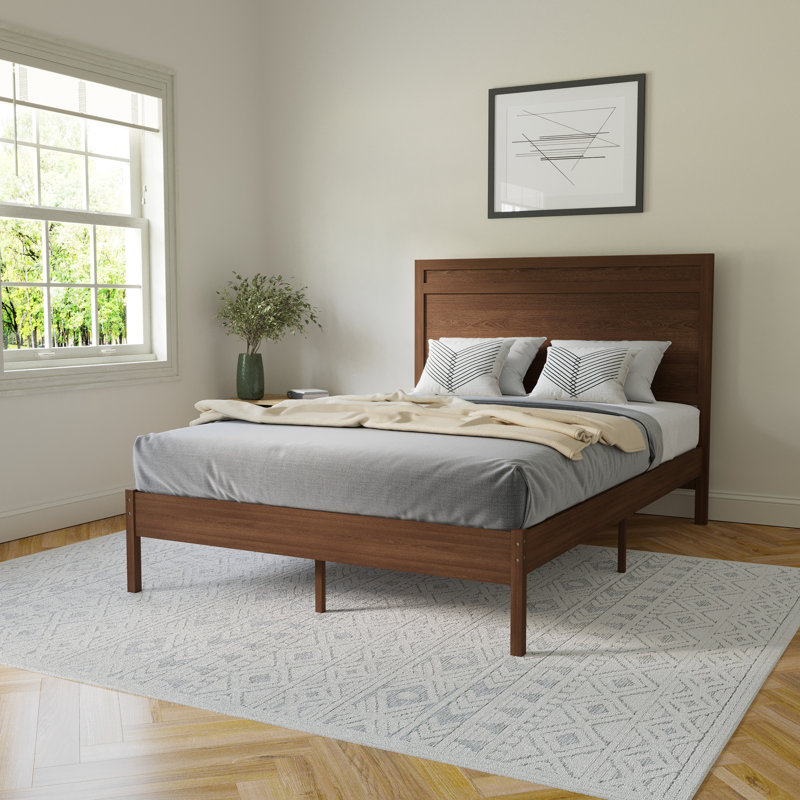 Eymen Modern Solid Wood Platform Bed with Headboard and Wooden Slats, Brown, Full