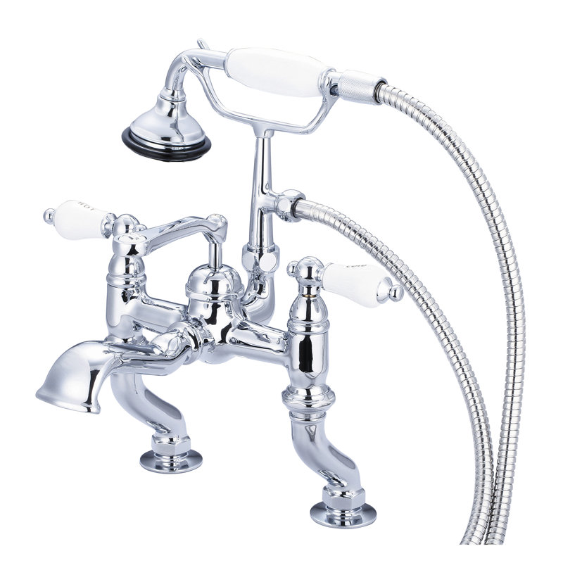 Stonington Deck Tub Spout, Hot and Cold Labeled Porcelain Lever Handles, Hand Polished, Richly Triple Plated Chrome Finish
