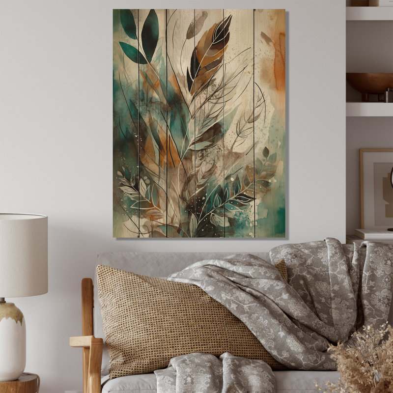 «Green and Brown Visions In Boho I», reproduction d'art murale en bois Boho Feather, H 40 po x l 30 po x P 0,78 po