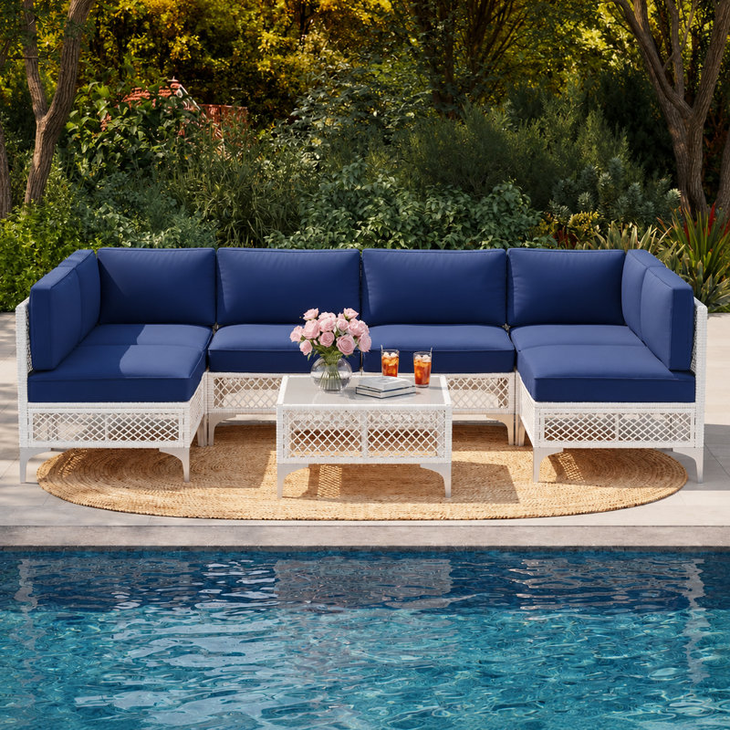 Ensemble de conversation modulaire à 6 places en osier de patio avec coussins, Bleu