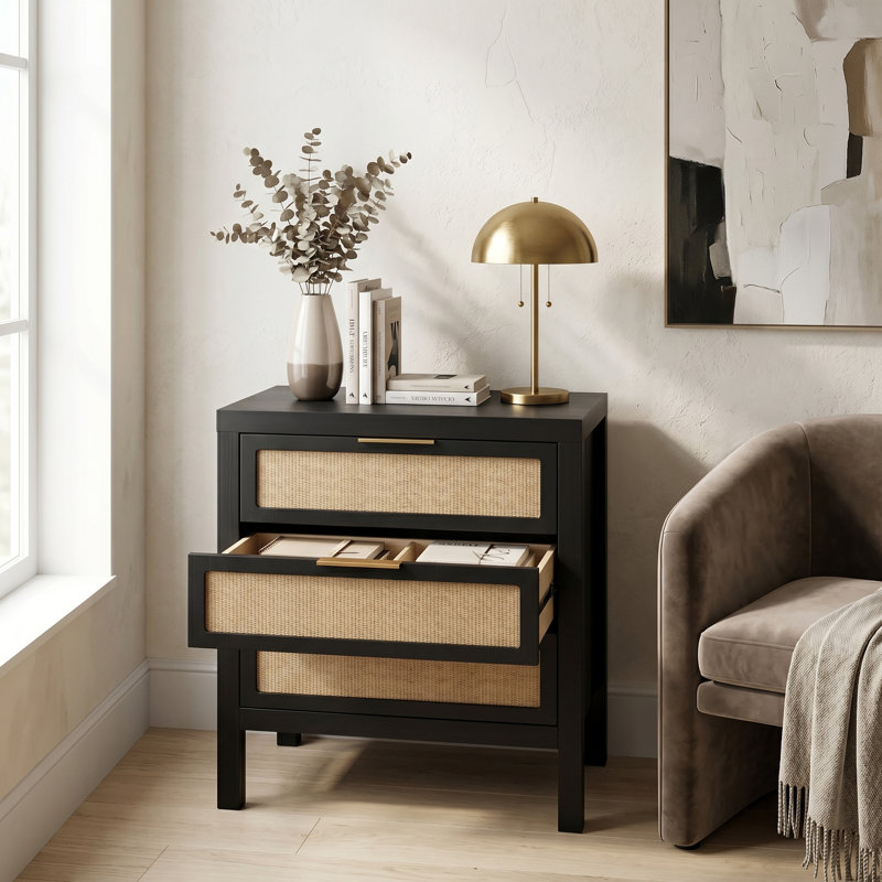 Table de chevet 3 tiroirs en rotin, commode à cadre noir pour la chambre à coucher, table Boho, Black