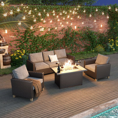 Umeh 6-Pieces Wicker Conversation Set With Fire Pit Table