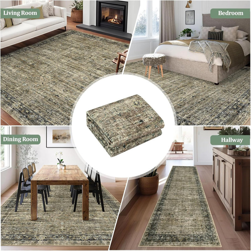 4X6 Area Rugs Washable, Soft Vintage Distressed Bedroom Rug Foldable Indoor Floor Carpet Living Room Rugs, Retro Thin Non-Slip Throw Rugs For Bedroom Dining Room, Olive Brown