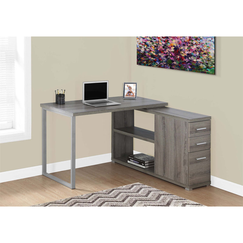Bureau d'ordinateur contemporain en L avec configuration à gauche ou à droite, tiroirs de rangement et structure en métal gris pour un bureau à domicile moderne