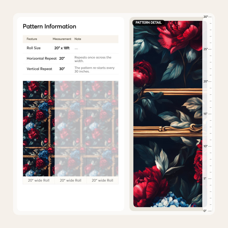 Papier peint floral baroque | Murale fleur rouge rouge bleu | Cadre doré pelez et collez