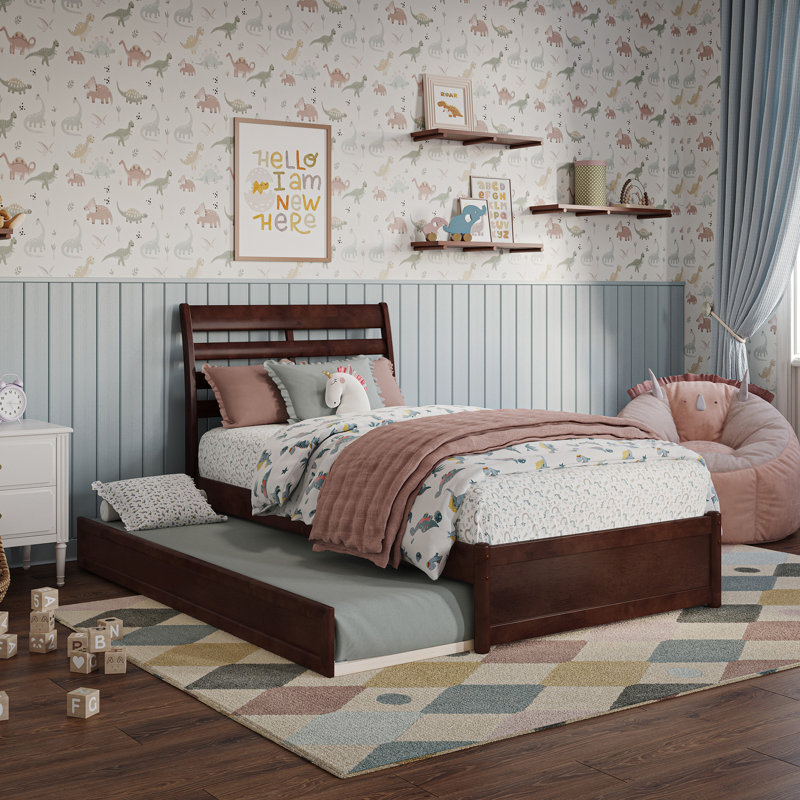 Lamareon Solid Wood Platform Bed with Footboard & Roll Out Trundle Bed, Twin, Walnut