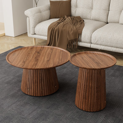 Ensemble de 2 tables basses rondes, grandes et petites tables centrales et d'appoint en bois, finition noyer moderne
