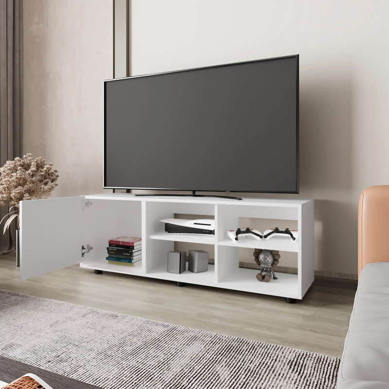 Meuble télé blanc avec porte et rangement ouvert sur place, Blanc