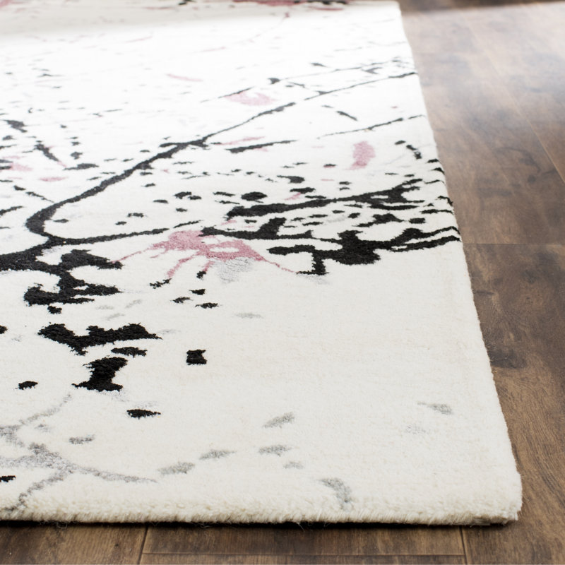 Tapis abstrait en laine / coton / viscose touffeté à la main Amier en ivoire / rouge / noir, Rectangle 5 pi x 8 pi