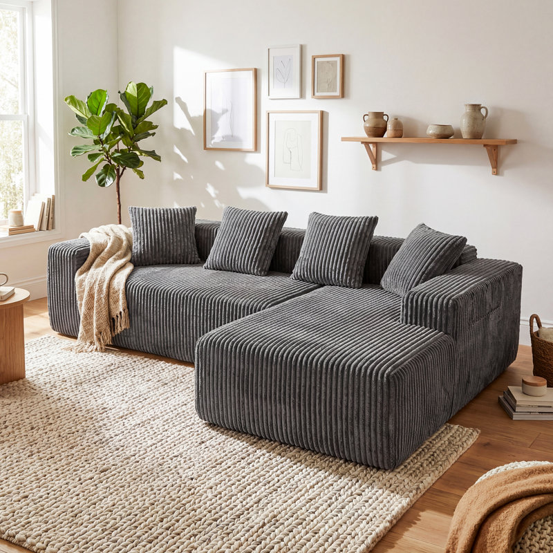 Modern Oversized Corner Sofa L-Shaped Corduroy Sofa With Storage Pockets , Right Hand Facing, Grey