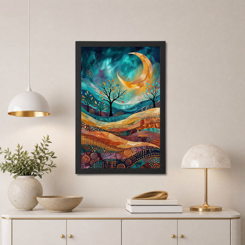 «Teal and Orange Crescent Moon», art mural sur toile, H 36 po x l 24 po
