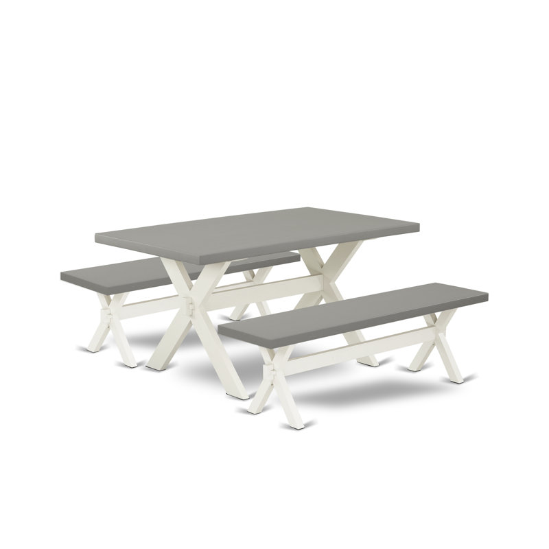 Ensemble de table de salle à manger 3 pièces moderne comprenant une table rectangulaire en bois avec pieds en X et 2 bancs de table, lin blanc