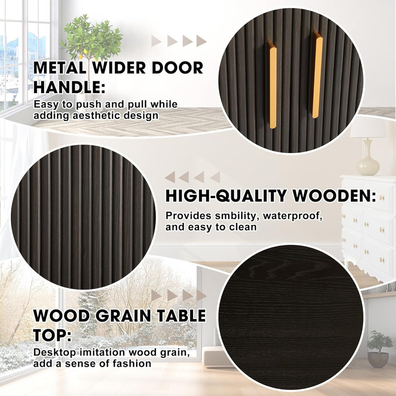 55" Sideboard Buffer Cabinet with Fluted Slide Doors,Tambour Storage Cabinet with Shelves, Black
