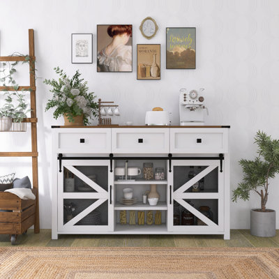 55" Sliding Barn Door Sideboard With 3 Drawers & Adjustable Shelves
