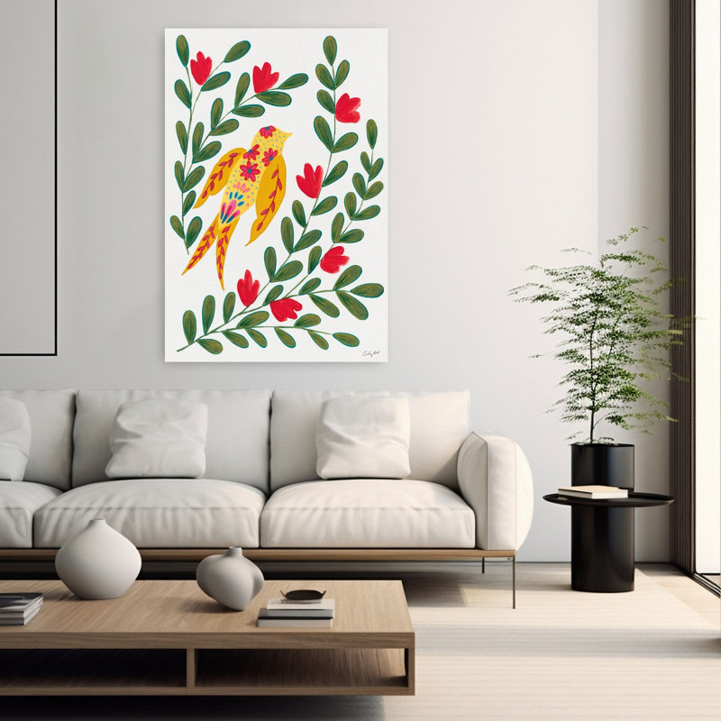 «Folk Flight I», art abstrait contemporain de paysage d'oiseaux, H 60 po x l 40 po