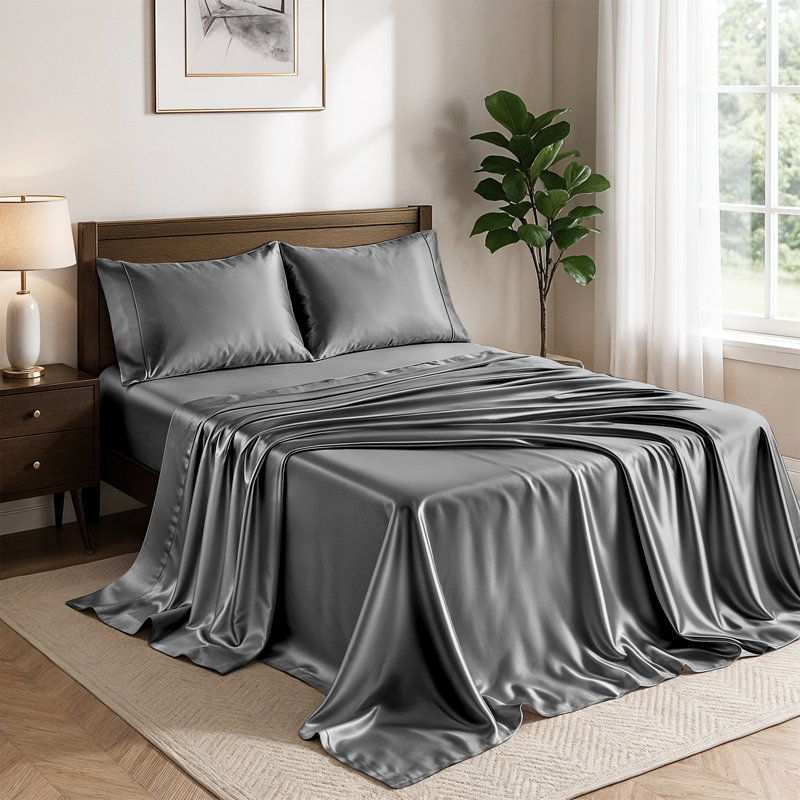 Drap-housse luxueux 4 pièces Lux Satin, Ensemble de draps pour très grand lit avec 2 taie, Gris foncé