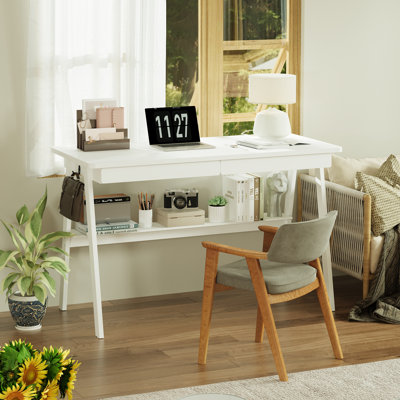 Solid Wood Desk With Drawers - 47.2 Inch Writing Desk With Drawers & Storage Shelf, Simple Modern Study Table, Home Office Computer Desks For Bedroom