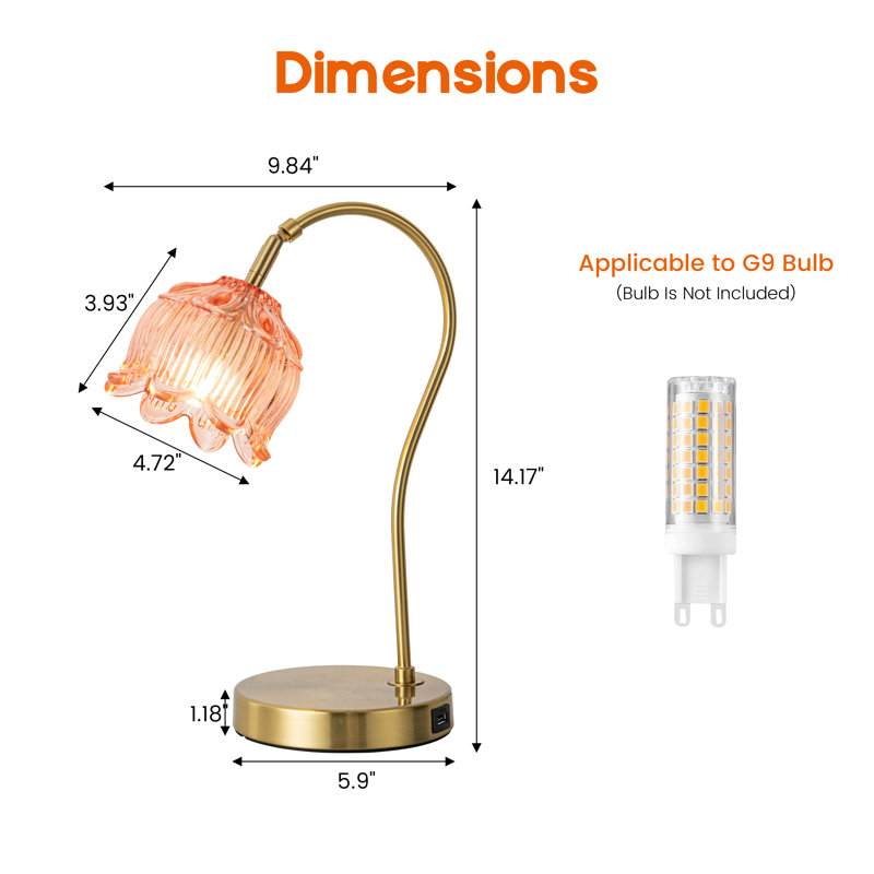 Novelty and Cute Table Lamp with Pink Flower Glass Lampshade, Gold Metal Desk Lamp for Bedroom or Reading Room