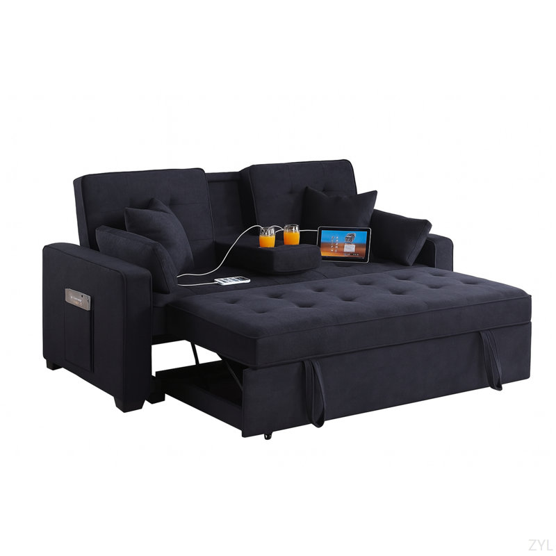 Causeuse-lit convertible avec console rabattable, Tissu gris foncé