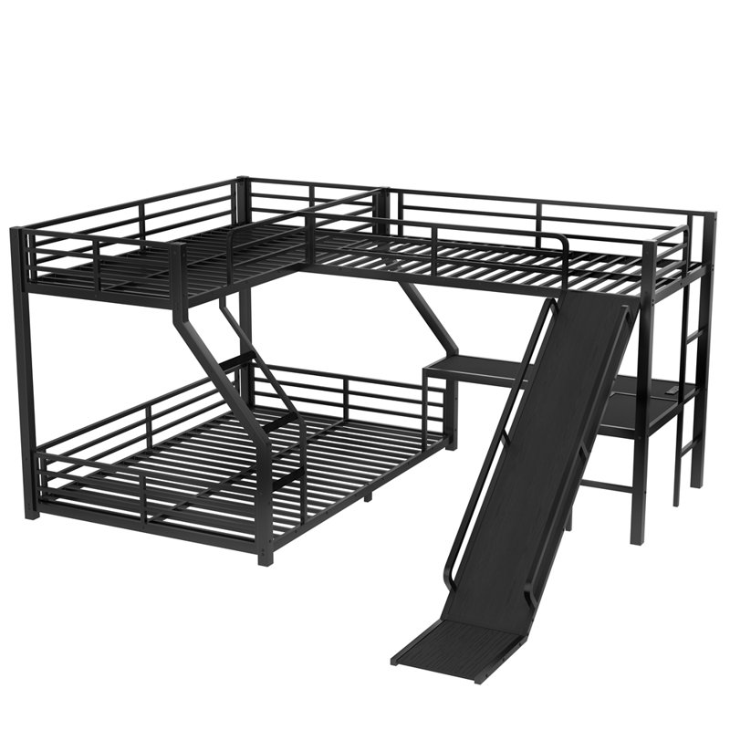 L-Shaped Twin XL over Queen Bunk Bed with Twin Size Loft Bed, Metal Triple Bunk Bed with Slide and USB Ports, Space-saving and Noise-free Design