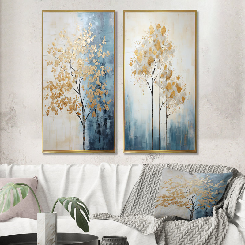 Or et bleu arbres harmonieux - ensemble d'art mural sur toile Trees of 2, Cadre flottant doré, H 32 po x l 33 po