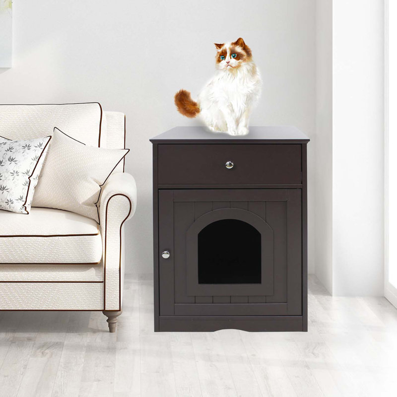 Brown MDF Cat Litter Box Enclosure Side Table with Drawer