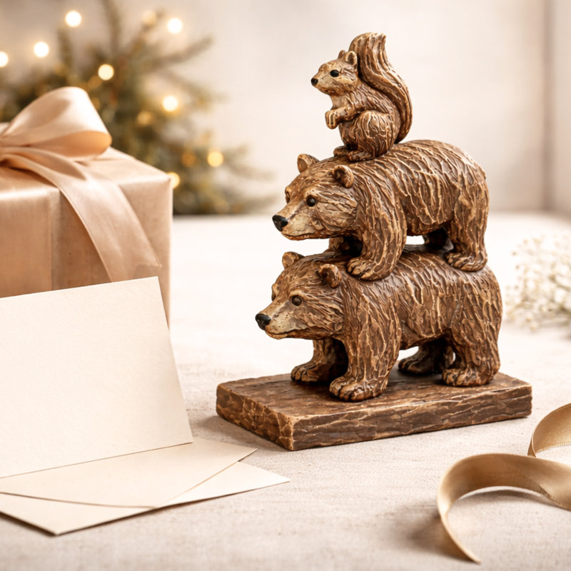 Figurine ours en résine et écureuil totem