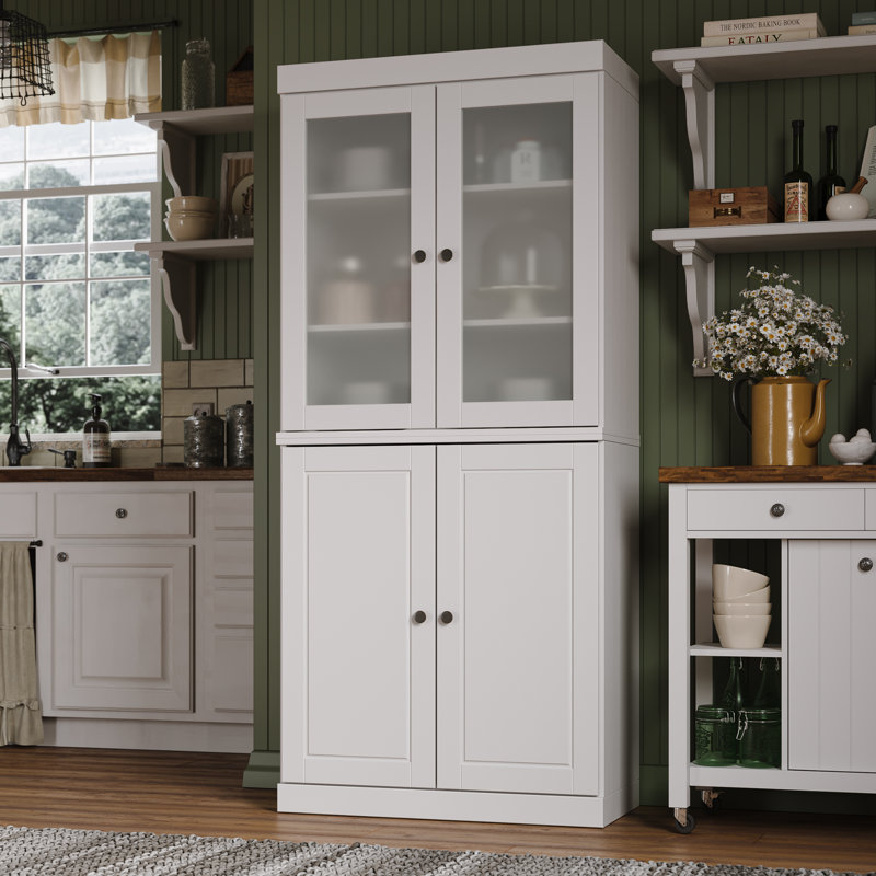 Garde-manger 100% bois massif 32 po avec portes en verre givré, Blanc