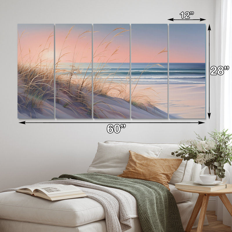 Océan sérénité doux rose pastel plage coucher de soleil I - plage Wall Art salon - 5 panneaux égaux