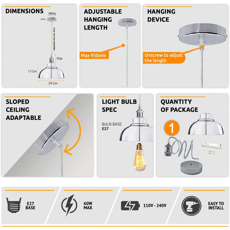 1 - Light Dome Pendant, Chrome