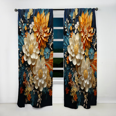 Orange Teal Botanical Whirlwind II - Abstract Botanicals Curtain - Velvet Room Darkening - 1 panel