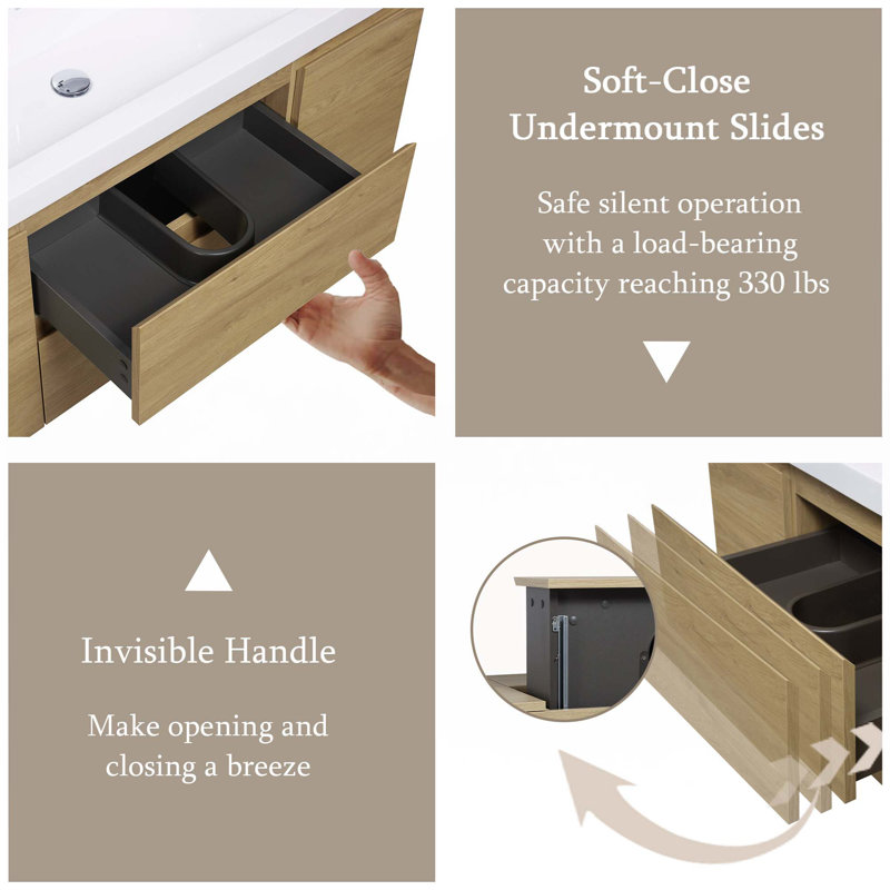 Meuble-lavabo flottant avec lavabo double, Chêne, 48"
