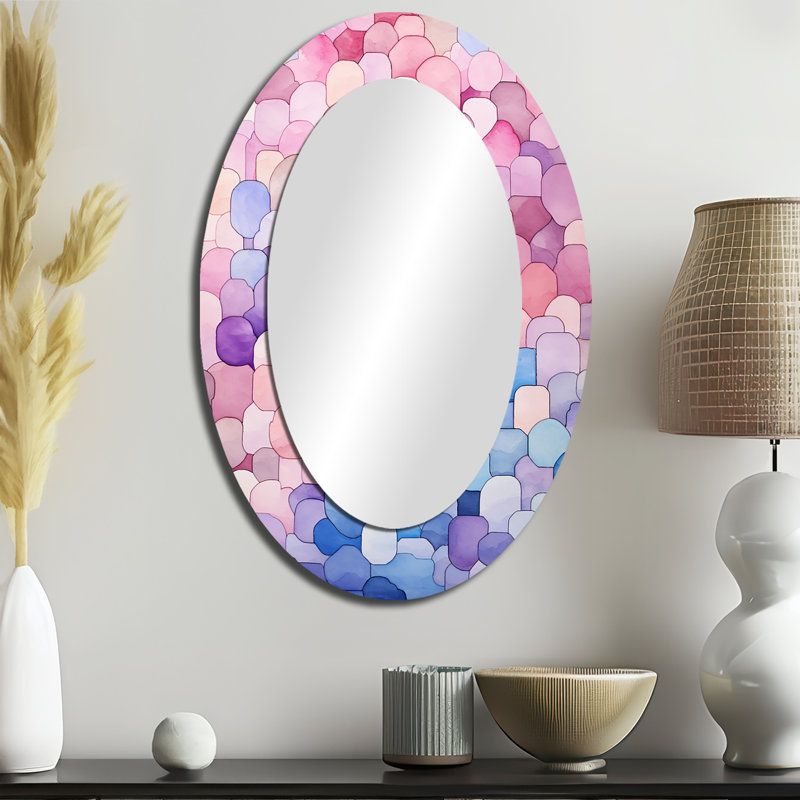 Miroir mural ovale bleu et rose, H 36 po x l 24 po