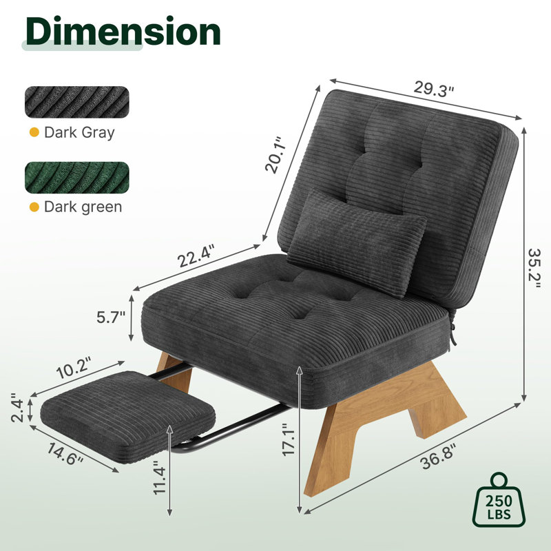 Corduroy Accent Chair with Ottoman, Solid Wood Lounge Chair | 3-Position Adjustable Backrest, Lumbar Pillow & Cozy Upholstered Seat