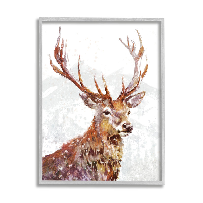 «Winter Deer Mountain Snowfall» encadré sur bois par Pip Wilson, peinture, H 14 po x l 11 po, gris