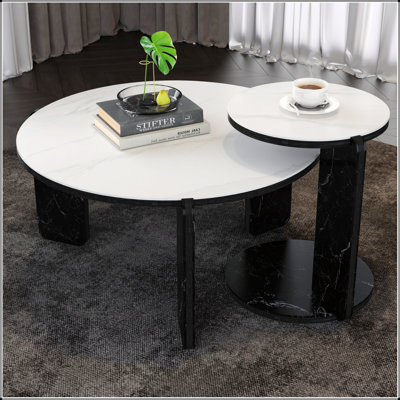 Ensemble de 2 tables basses gigognes rondes avec plateau en pierre frittée, parfait pour les petits espaces et la vie moderne
