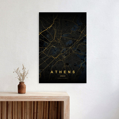 Golden Athens Map Minimalist Modern Abstract City Wall Art Print 1 Piece Wrapped Canvas Wall Art
