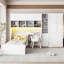 Lit plateforme simple en bois avec bureau, armoire, armoires, tiroirs et tablettes, blanc-641343274