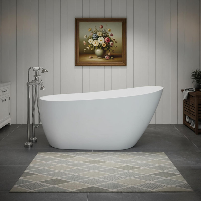 63" Acrylic Freestanding Bathtub, Contemporary Soaking Tub with Chrome Overflow and Drain